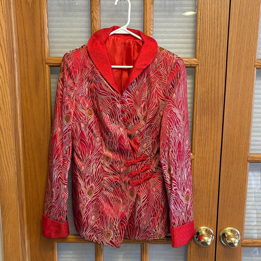 EUC Elegant Red Peacock Patterned Women's Jacket